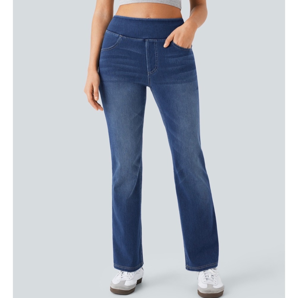 Halara Flex High Waisted Pockets Washed Casual Bootcut Jeans Blue L